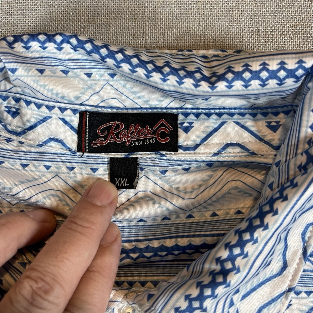 Rafter C Polo Shirt Mens 2XL Blue Southwestern Aztec Stretch Pearl Snap Western - Picture 3 of 7